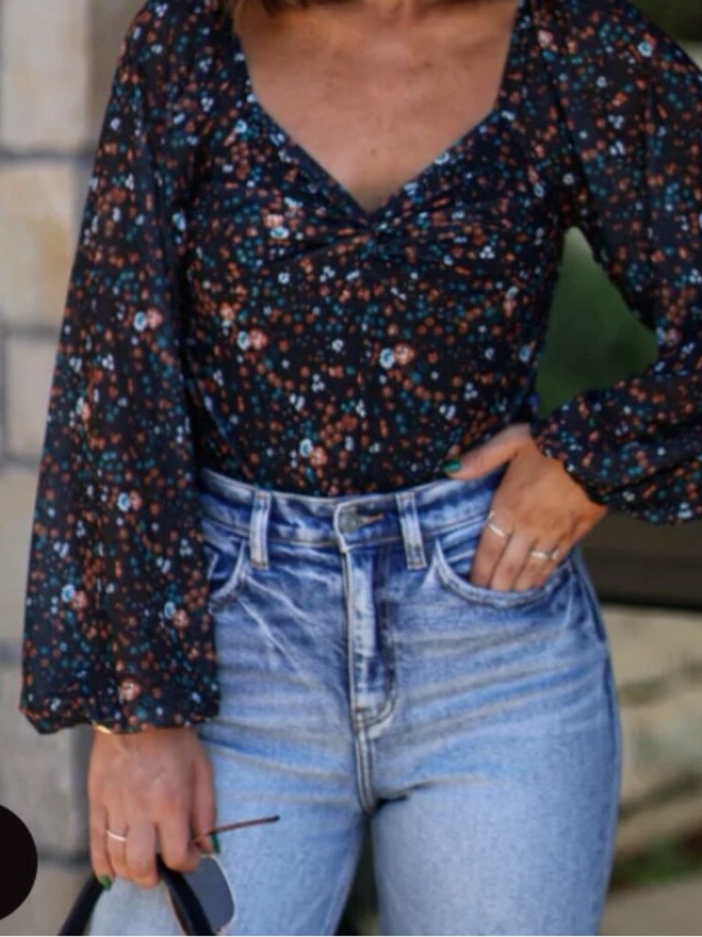 Magnolia Black Floral V-Neck Long-Sleeve Bodysuit